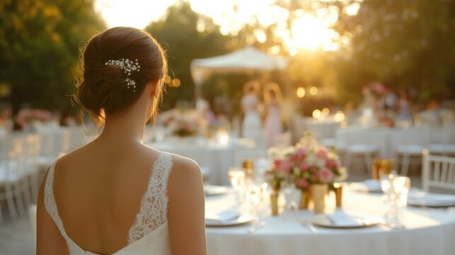 A beautiful bride stands gracefully, enjoying the sunset at an elegant outdoor wedding reception surrounded by floral decor.