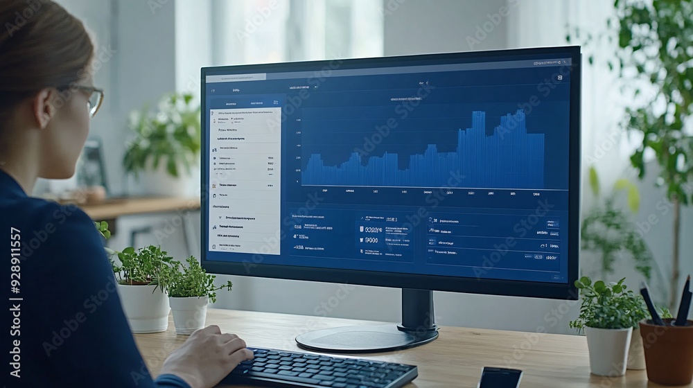 Poster a young professional using an online banking platform to monitor their accounts and set up automatic