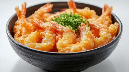 Bowl is overflowing with crispy golden brown tempura shrimp and topped with fresh green onions