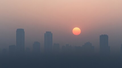 A serene sunset view behind a city skyline, creating a mystical and atmospheric feeling with soft colors and silhouettes.