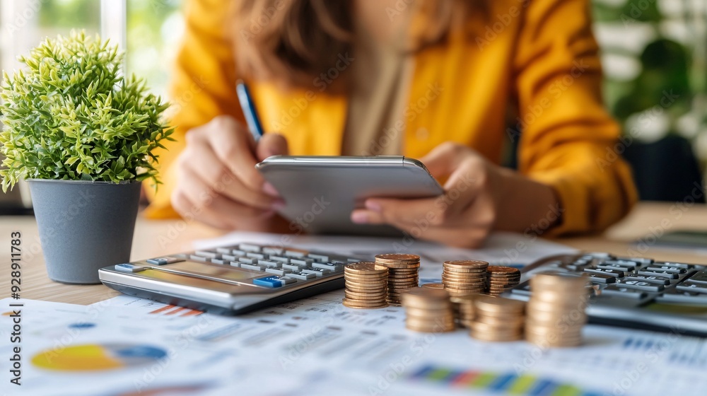 Aufkleber A digital interface showing a breakdown of expenses and income with colorful charts and graphs representing personal finance management Stock Photo with copy space