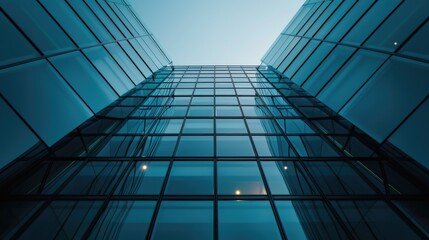 A modern skyscraper with a clear blue sky in the background, ideal for business or cityscape uses