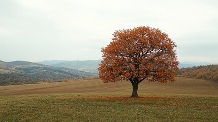 Single tree with autumn leaves in a field, hills in the background