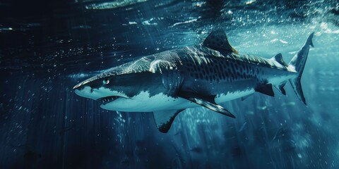 Fototapeta premium A tiger shark smoothly cruising through the deep blue ocean waters