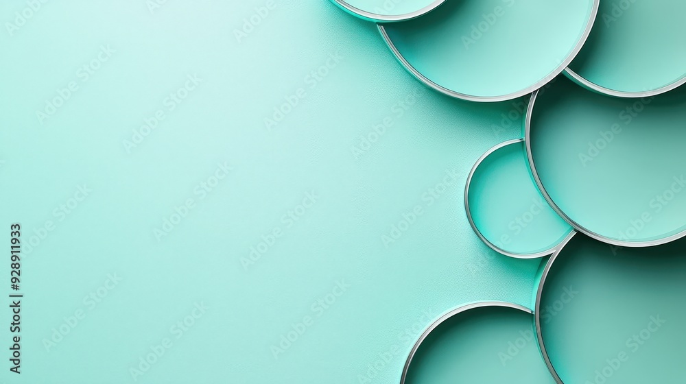 Fototapete Multiple circular shapes in varying sizes overlap on a soft mint green backdrop, creating a modern and minimalistic visual effect