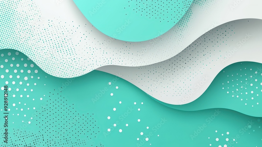 Poster Layered teal and white shapes create an abstract design with dotted patterns, showcasing a modern, visually appealing aesthetic