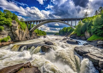 Fototapeta premium Dynamic Panorama: Sweeping bridge arch, cascading rapids, panoramic view, shades of gray, adventure concept