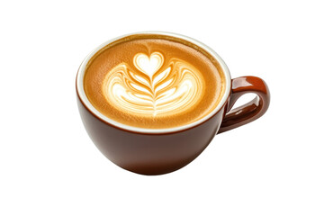 A beautifully crafted cup of latte with intricate latte art in a brown mug, isolated on a transparent background.