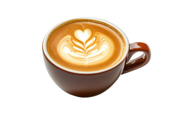 A beautifully crafted cup of latte with intricate latte art in a brown mug, isolated on a transparent background.