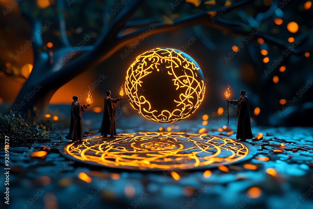 Poster a coven practicing sorcery in a dark forest, their figures illuminated by the light of the full moon