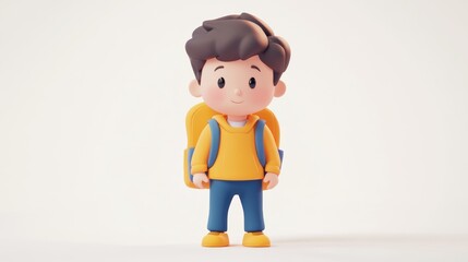 Cute Cartoon Kid with Yellow Backpack on Neutral Background Smiling