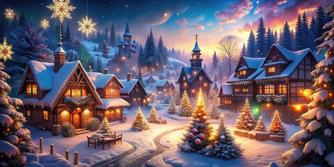 Enchanted Winter Wonderland: Mystical snowflakes, whimsical village, intricate details, dreamlike atmosphere, vibrant colors