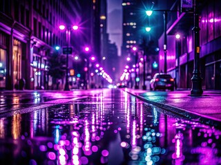 Enigmatic Nightfall: Moody, enigmatic, nocturnal, rich purple, urban, rain-slicked streets.