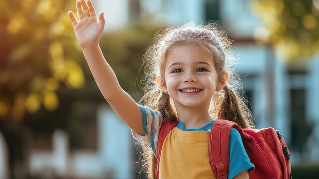 A young girl standing in front of school, waving happily as she says goodbye to her parents
