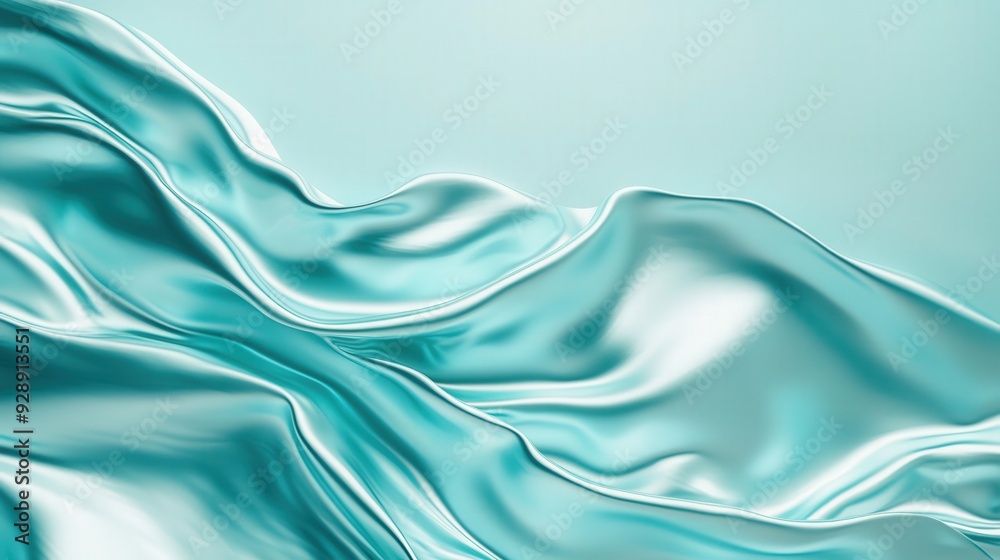 Poster A gently rippling turquoise fabric forms elegant curves and waves, illuminated by soft, diffused light, showcasing its texture and color