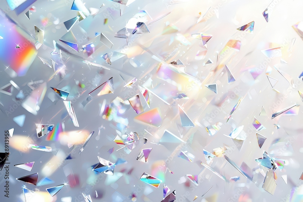 Poster Colorful light fragments reflect and refract in a bright space, creating a vibrant and dynamic atmosphere during an artistic display