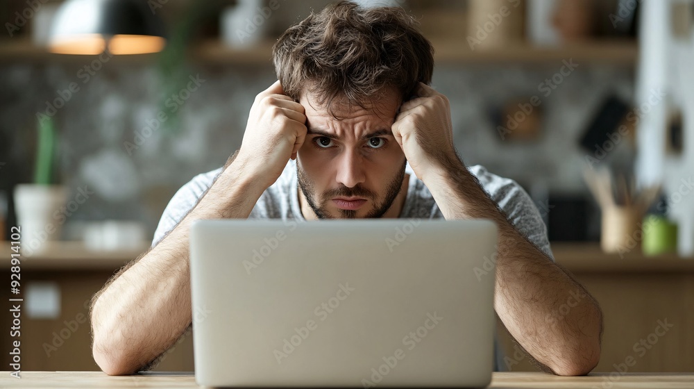 Poster A man checking his credit score on a laptop with a serious expression as he considers steps to improve it Stock Photo with copy space
