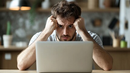 A man checking his credit score on a laptop with a serious expression as he considers steps to improve it Stock Photo with copy space