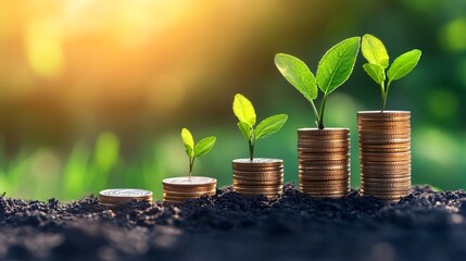 A detailed shot of a young plant growing out of a stack of coins symbolizing the concept of long-term investment growth Stock Photo with copy space