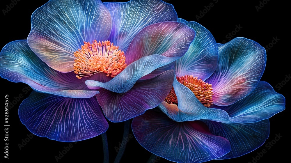 Wall mural close-up of two blue flowers against black backdrop; red center, yellow stamen