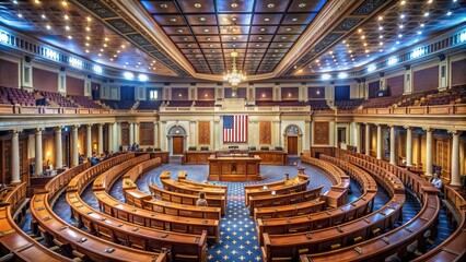 Elegant interior of the United States Capitol Building's House of Representatives chamber, featuring a stately lectern, ornate ceiling, and rows of wooden desks.
