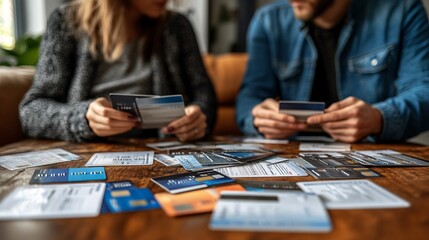 Fototapeta premium A couple cutting up multiple credit cards as they take steps to eliminate debt and improve their financial health Stock Photo with copy space