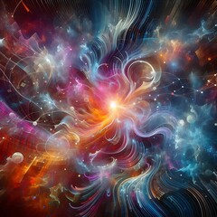 Fototapeta premium Abstract digital art of a vibrant starry night sky. Swirling flower with bright orange center at the center. Dynamic white lines create wave patterns, blending colors 