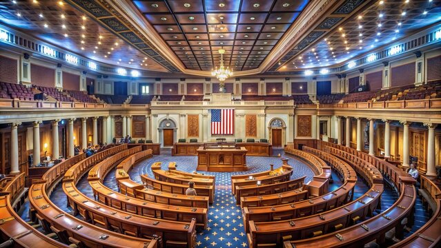 Elegant interior of the United States Capitol Building's House of Representatives chamber, featuring a stately lectern, ornate ceiling, and rows of wooden desks.