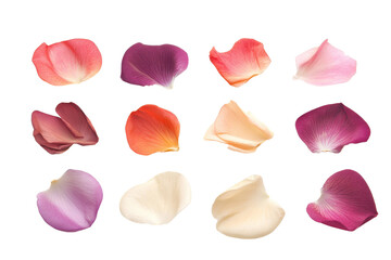 Fototapeta premium Assorted colorful rose petals on a transparent background. presentations, and decorative designs.