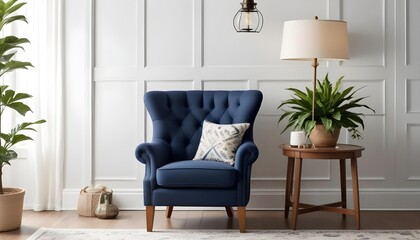 A navy blue upholstered armchair with a tufted back and wooden legs was placed next to a wooden side table with a potted plant and lantern.