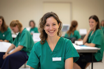 Medical student smiling in classroom during training session