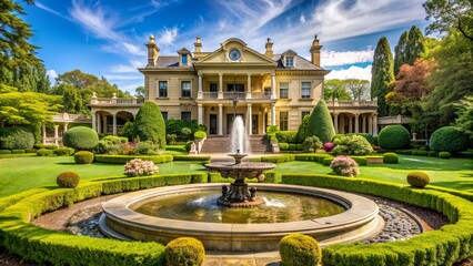 Obraz premium Elegant mansion with sprawling gardens and ornate fountain, heritage property with ancestral legacy, passed down through generations, symbolizing wealth and family history.