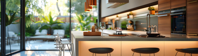 Fototapeta premium Modern Kitchen Island with Glass Wine Glass and Illuminated Bar Stools 3D Render