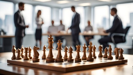 A group of people are playing chess in a conference room