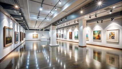 Obraz premium Elegant museum gallery interior with sleek white walls, polished floors, and modern track lighting, featuring a diverse collection of framed contemporary artwork.