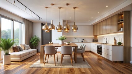 Elegant pendant light fixtures hang from a modern ceiling, casting warm ambient light on sleek wood floors and white walls in a minimalist interior.