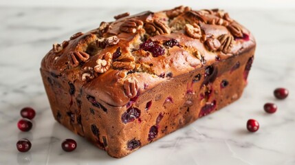 A loaf of cranberry pecan bread sits on a marble countertop, adorned with pecan pieces and surrounded by fresh cranberries.