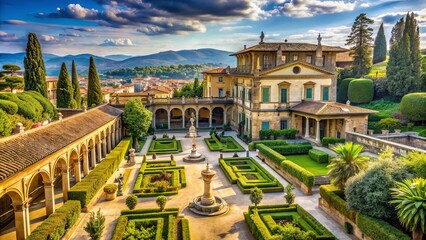 Fototapeta premium Elegant Renaissance-style palace with grandiose arches, ornate stone facades, and lush surrounding gardens, set amidst Florence's historic streets and picturesque Italian landscape.
