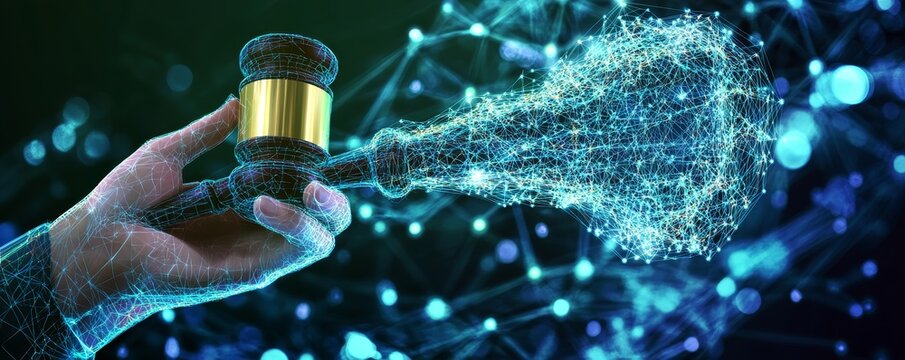 Hand holding a gavel with digital particles surrounding it.