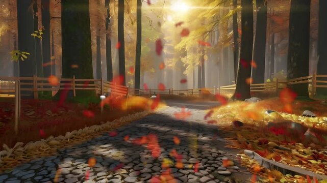 Autumn atmosphere in the middle of the forest with lots of dry leaves blowing in the wind. Seamless 4K looping timelapse video animation background