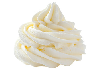 Close-up of a swirl of smooth, fluffy whipped cream, perfect for dessert topping or baking decoration. Isolated on a transparent background.