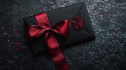 There is a striking black envelope adorned with a red ribbon and bow on it