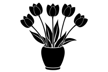  A set of tulip flower on the vase silhouette black vector art illustration