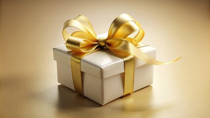 Elegant white gift box adorned with intricate golden ribbon and bow, nestled on a soft, creamy background, exuding luxury and sophistication.