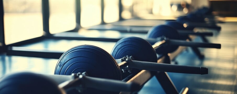 Row of exercise machines at a gym, ready for a workout.
