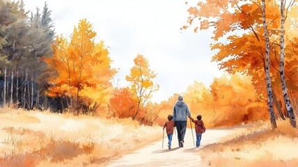 Fototapeta premium A family hiking through a forest trail, surrounded by the rich colors of autumn, celebrating the Labor Day weekend. Watercolor