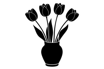  A set of tulip flower on the vase silhouette black vector art illustration