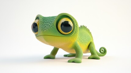 Fototapeta premium Green cartoon chameleon with large eyes on a white background showcasing vibrant colors