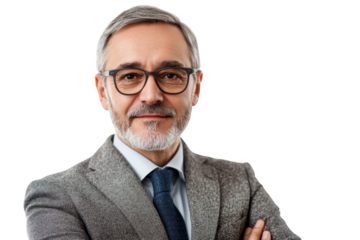 Confident senior businessman with glasses and grey hair in a suit, crossing arms and smiling, isolated on transparent background.