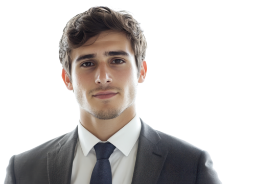 Confident young businessman in a suit and tie, smiling in a professional headshot against a transparent background. representing corporate success